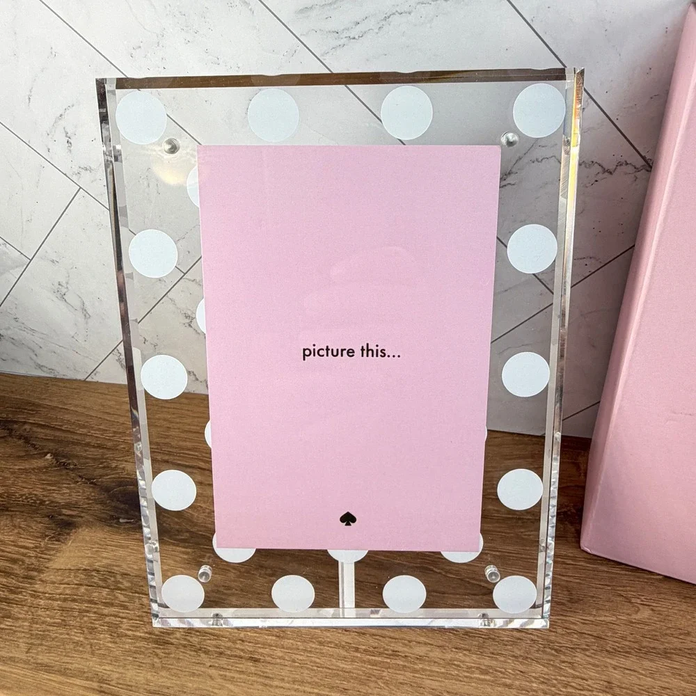 Kate Spade New York White Dot Clear Acrylic Magnetic Picture Frame 5x7 4x6 Boxed